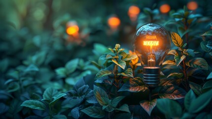 Illuminated light bulb with the word innovation glowing stands amidst lush green foliage, symbolizing creativity and ideas