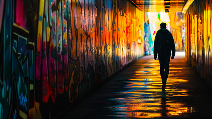 a solitary figure walking through a corridor of vibrant graffiti-covered walls, their silhouette illuminated by the colorful street art