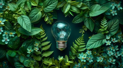 Clear lightbulb is centered surrounded by lush green leaves and small blue flowers on a dark background
