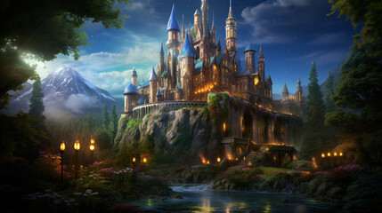An enchanted castle guarded by magical creatures and p
