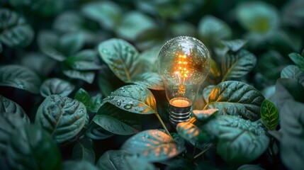 Glowing light bulb rests amongst vibrant green leaves, symbolizing ideas and innovation in nature