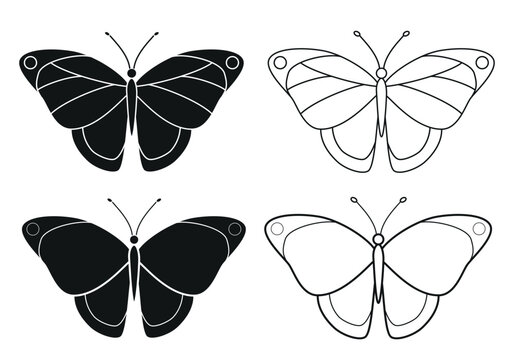 Butterfly icons collection isolated on white background. Vector set with flat icons, thick and thin line icons. Not AI created.