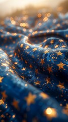 This image shows a textured blue fabric adorned with golden stars, capturing light and shadow...