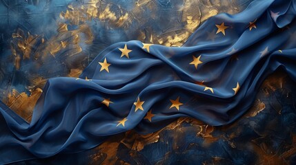 European Union flag with golden stars on a blue background lies draped over a textured surface
