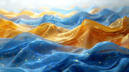 Digitally created image of blue and gold fabric waves with sparkling stars, resembling a flag