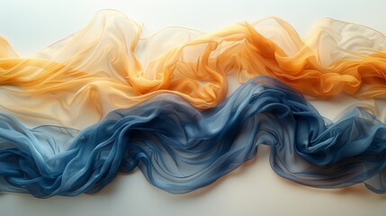 Image displays a graceful arrangement of blue and orange flowing fabrics on a light background
