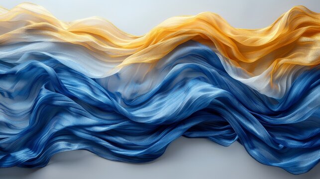 Image displays a wavy, textured fabric with a gradient from yellow to various shades of blue