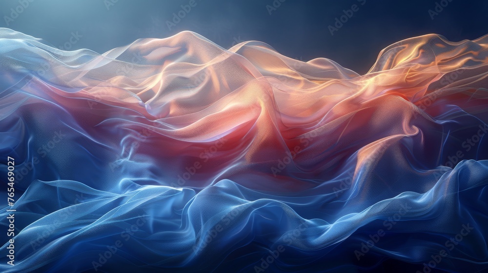 Poster digitally created image showing a dynamic, wavy texture of a cloth in blue and red hues