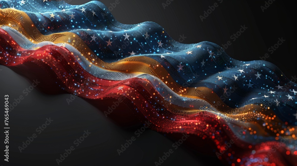 Poster this image shows a digital art representation of wavy stripes with a sparkling starry pattern on the