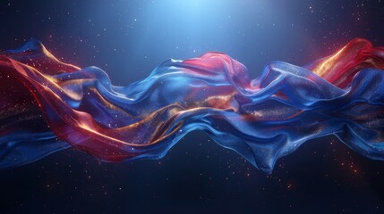 Vibrant, flowing fabric with cosmic starry background, in reds and blues, depicts space-themed...
