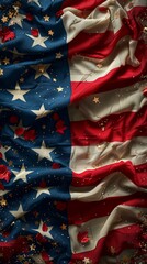 Image shows a draped American flag with scattered stars and petals, symbolizing patriotic...