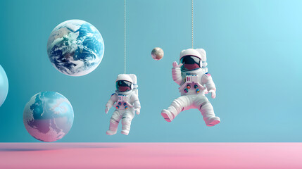 Astronaut figure hanging in the air, next to Earth figure and Moon figure on fancy colored background. 3d models