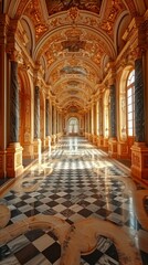 Fototapeta premium Opulent, baroque-style hallway with checkered floor, golden ornate ceilings, and large windows casting sunlight