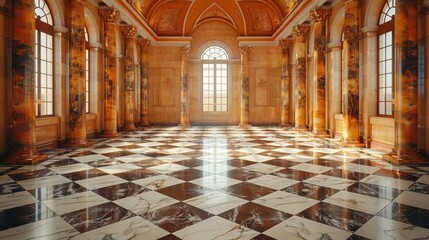 Obraz premium Grand room with checkered floor, ornate columns, large windows, sunlight flooding in, richly detailed ceiling design