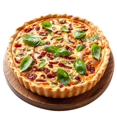Extreme front view of a tangy sun-dried tomato and basil quiche on a wooden tray plate isolated on a white transparent background. 