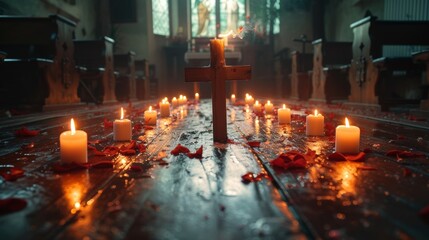 Wooden cross stands among lit candles and red petals on a church floor, serene ambiance - obrazy, fototapety, plakaty