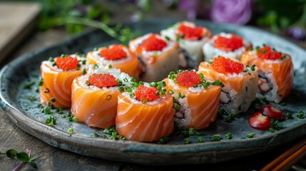 Plate of salmon sushi rolls topped with roe and chives, garnished with flowers in background