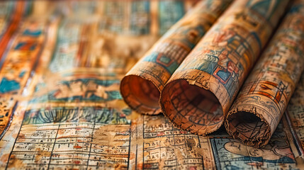 Ancient rolled-up maps with intricate details and drawings, symbolizing exploration and history