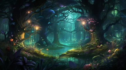 Wandaufkleber An enchanted forest with magical creatures and glowing © Jafger