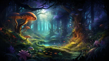 Selbstklebende Fototapeten An enchanted forest with magical creatures and glowing © Jafger