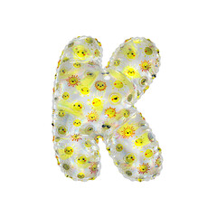 3D inflated balloon letter K with rainbow  transparent glass and yellow sun smiley childrens pattern