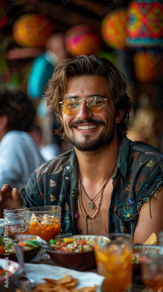 Poster smiling man with sunglasses sits at a table with colorful lanterns in the background