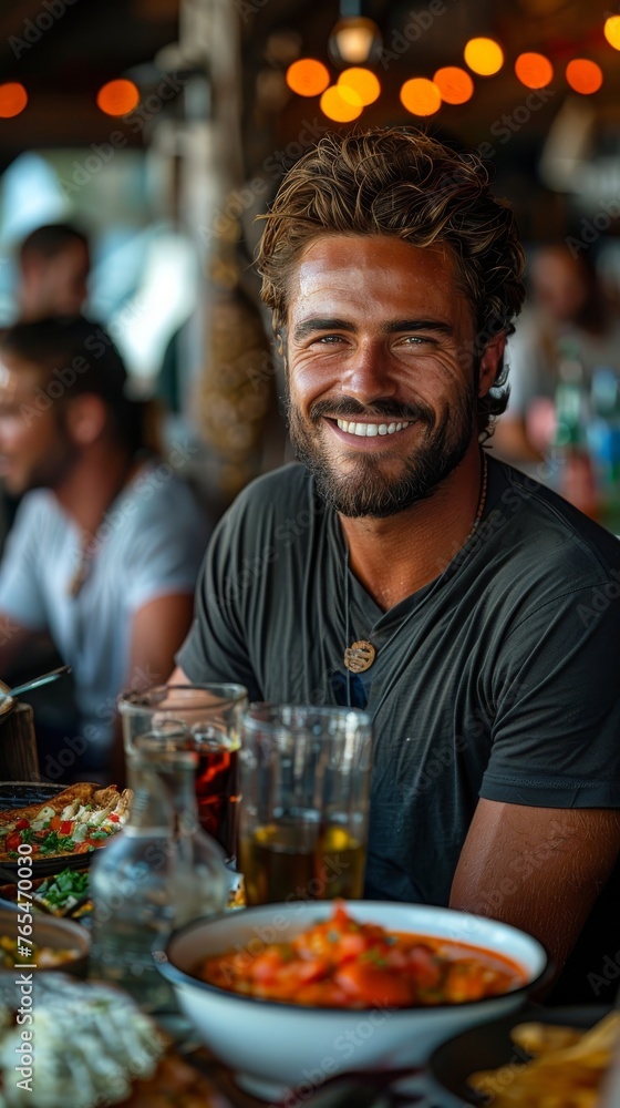 Poster smiling person at a table filled with food in a busy restaurant setting