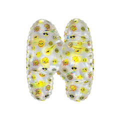 3D inflated balloon letter N with rainbow  transparent glass and yellow sun smiley childrens pattern