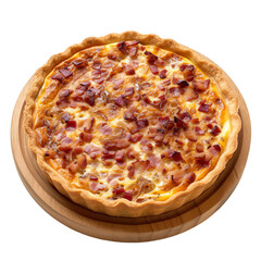 Extreme front view of a mouthwatering caramelized onion and bacon quiche on a wooden tray plate isolated on a white transparent background. 