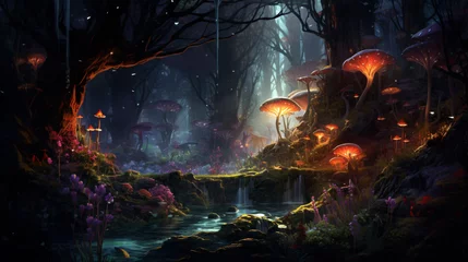 Poster An enchanted forest with magical creatures and glowing © Jafger