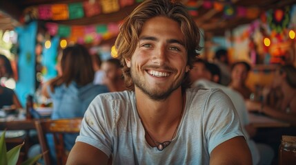 Obraz premium Smiling young man sitting in a vibrant restaurant decorated with colorful lights and paper lanterns