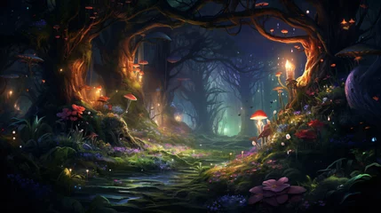 Zelfklevend Fotobehang An enchanted forest with magical creatures and glowing © Jafger