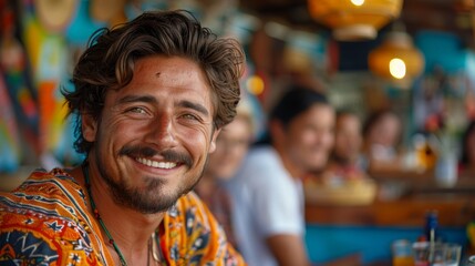 Obraz premium Smiling man with curly hair, wearing a colorful shirt, sitting in a vibrant, busy restaurant