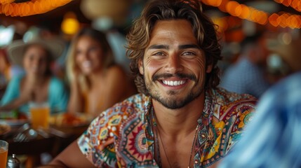 Obraz premium Smiling man with long hair, in a colorful shirt, sits in a lively, crowded restaurant