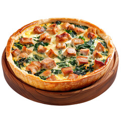 Extreme front view of a hearty sausage and spinach quiche on a wooden tray plate isolated on a...