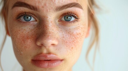 Close-up of a person's face showing detailed blue eyes, freckles, and fair skin
