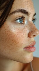 Close-up of a woman with freckles, gazing upward, clear skin, and natural makeup, thoughtful expression, detailed portrait