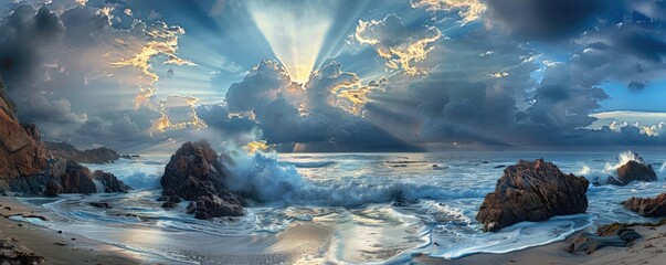waves crashing on rocky shores under a dramatic sunset sky with penetrating sun rays and dynamic cloud