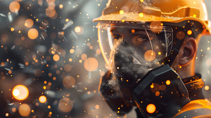 Construction Worker with Dust Mask Amidst Glass Wool Debris