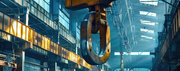 industrial crane hook with blurry factory background, symbolizing construction and manufacturing