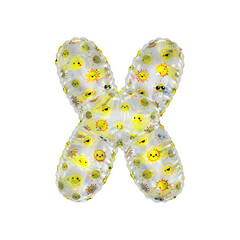 3D inflated balloon letter X with rainbow  transparent glass and yellow sun smiley childrens pattern