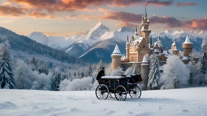 A magical scene straight out of a fairytale, with a majestic castle nestled in the snowy mountains and a horse-drawn carriage gliding through the snow-covered forest. - obrazy, fototapety, plakaty