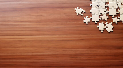 Puzzle pieces on wood table background copy space for text, Generative Ai 