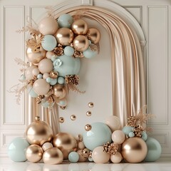 Rose and gold balloons and arch, in the style of matte background
