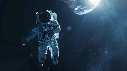 Astronaut Floating with Earth and Moon: 3D Visualization