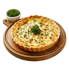 Extreme front view of a cheesy three cheese quiche on a wooden tray plate isolated on a white transparent background. 