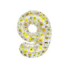3D inflated balloon Number 9 with rainbow  transparent glass and yellow sun smiley childrens pattern