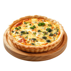 Extreme front view of a cheesy cheddar and broccoli quiche on a wooden tray plate isolated on a white transparent background. 