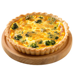 Extreme front view of a cheesy broccoli and cheddar quiche on a wooden tray plate isolated on a...