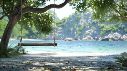 Fototapeta premium Swing suspended in a picturesque natural setting, inviting moments of peace and contemplation amidst the beauty of nature. 